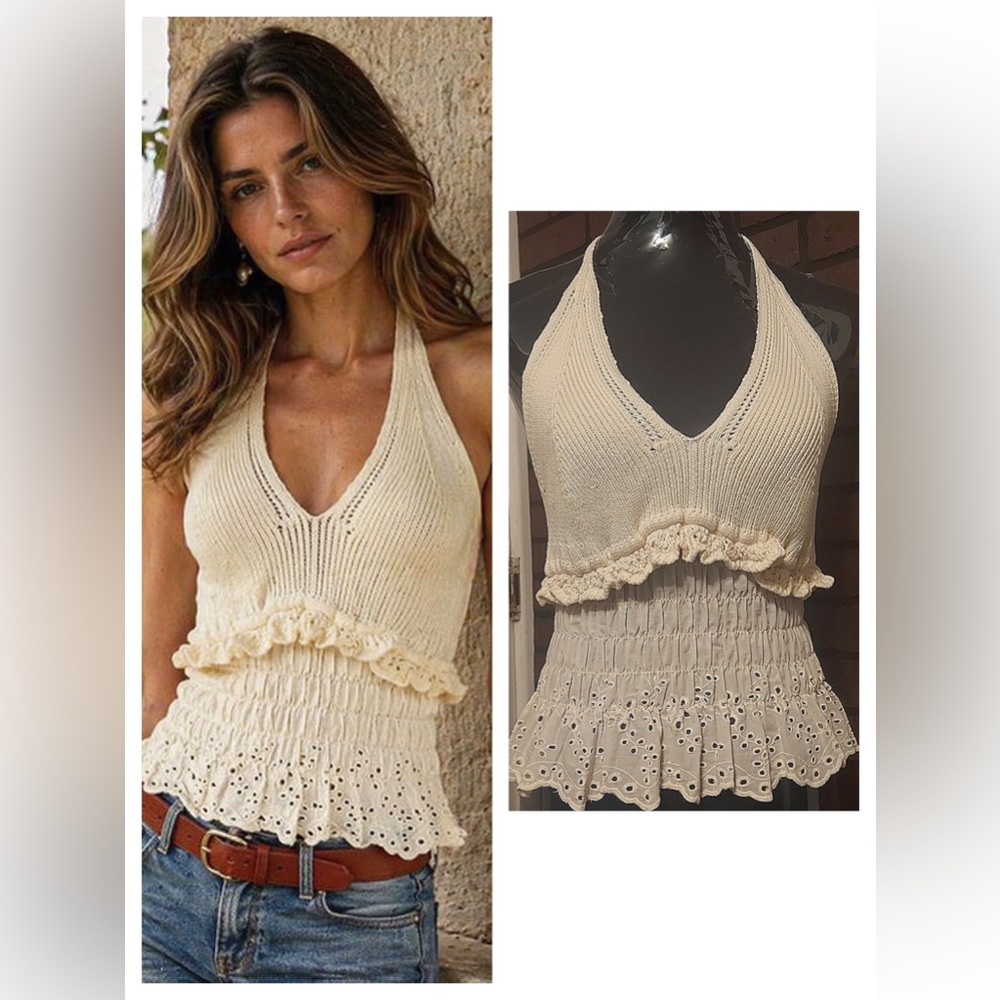 Cotton Knit Halter Top Cream Size M NWT Peplum Eyelet Ruffle